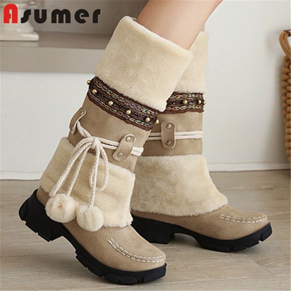 

asumer 2020 new arrive snow boots women winter shoes flock round toe keep warm casual shoes woman mid calf boots, Black