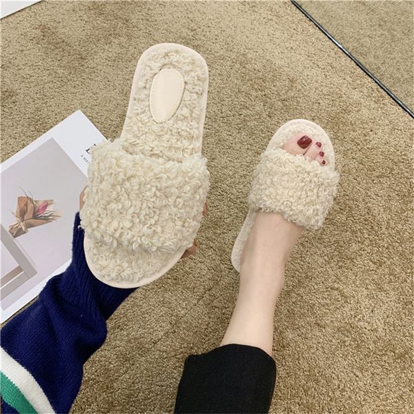

winter fashion women home slippers faux fur warm shoes woman beige basic flats female fur 1.5cm heel plus size 36-41, Black