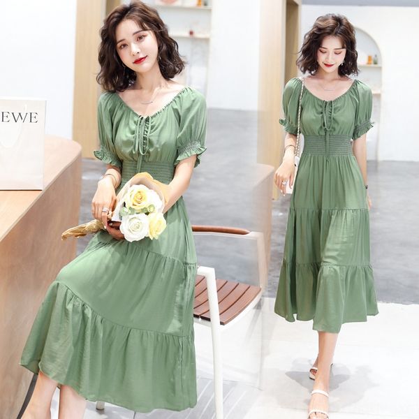 

off-shoulder popular women's summer 2020 new elegant waist slimming mid-length big skirt dress large swing dress fashion, Black;gray