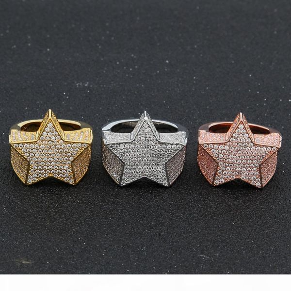 

hip hop мужские ювелирные изделия кольца пятиконечная звезда bling кольца iced out циркон моды hiphop розовое золото серебряное кольцо, Silver