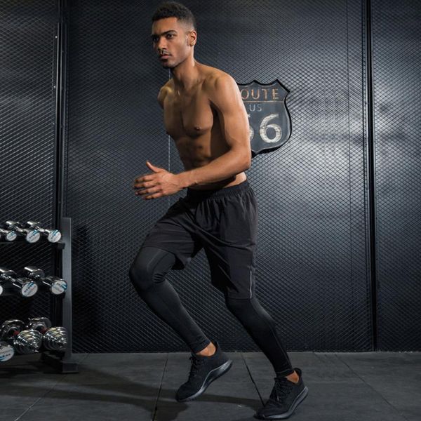 

new 2 pieces set mens running shorts with pockets+tights workout gym fitness training sports jogging shorts breathable quick dry, Black;blue