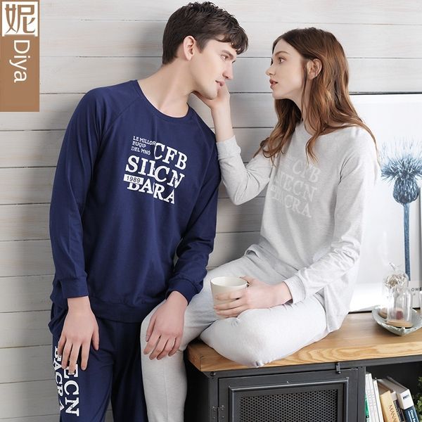 

nicia autumn women's simple pajamas pajamas round neck couple suit home wear cotton letter printing long sleeve home wear, Blue;red