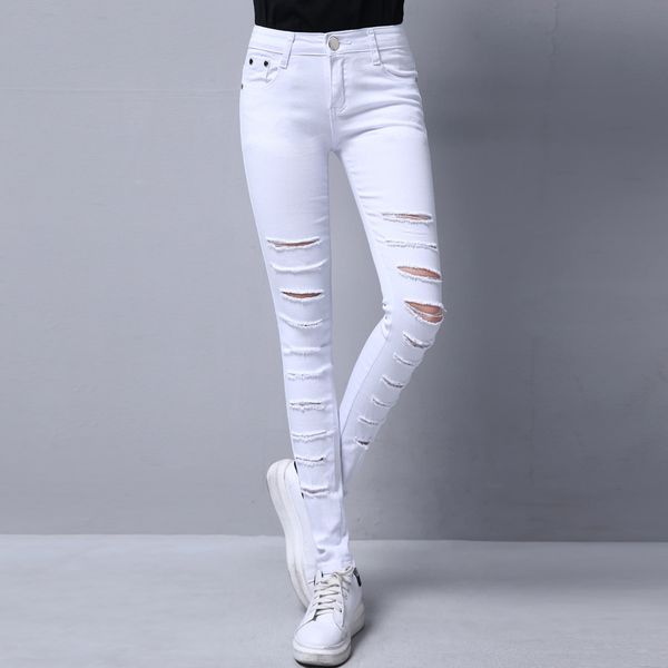 

women ripped skinny white jeans casual slim female denim pencil pants mid waist black stretch pants for women jeans big size, Blue