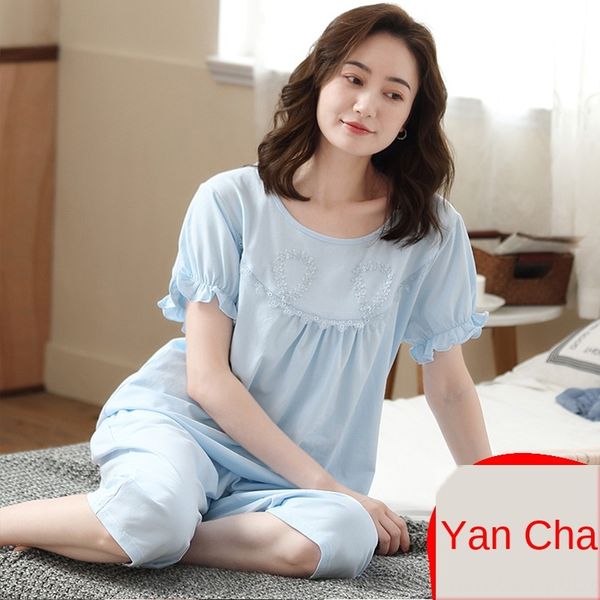 

t05i1 women's pajamas thin ice silk modal clothes home furnishing clothing short-sleeved summer cotton home clothes set enlarged size, Blue;red