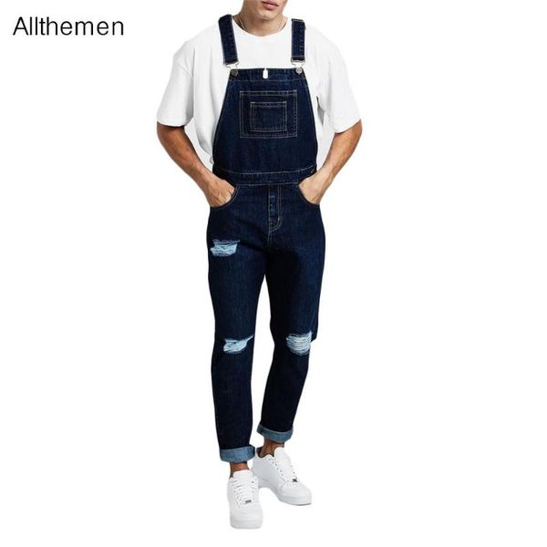 

men's jeans allthemen men jumpsuits denim casual solid long overalls streetwear male blue pantalones suspender pants