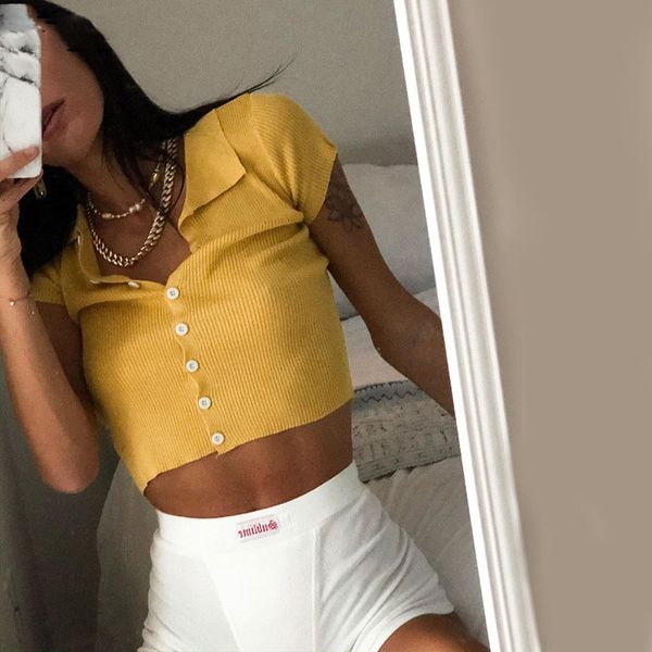 

woman simple slim solid color ribbed turn down collar crop 2020 casual office lady streetwear tees shirt, White