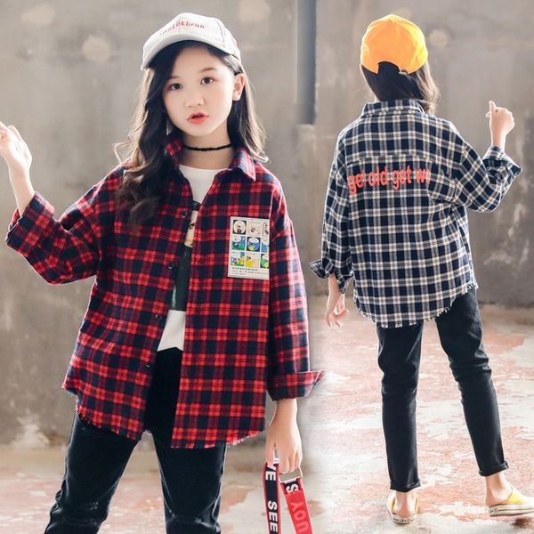 

girls' shirt autumn 2020 new korean style cartoon letter bursted middle and big children's classic england plaid shirt, White;black