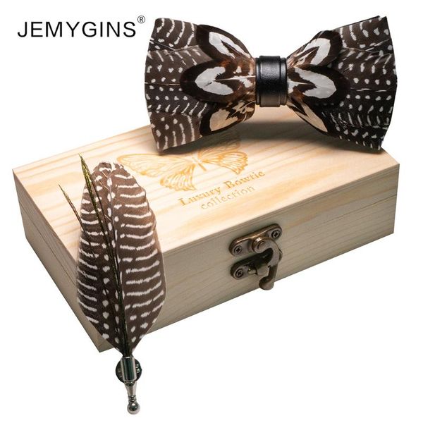 

jemygins original brand feather bow ties mens luxury bowtie exquisite handmade bow pin gift box set for men wedding party bowtie, Black;gray