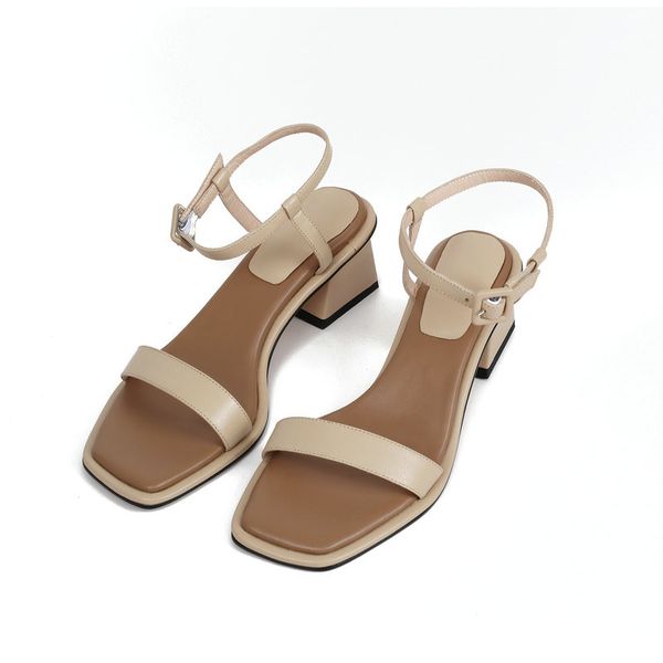 

genuien leather women sandals thick med heels shoes woman summer elegant wedding party shoes woman, Black