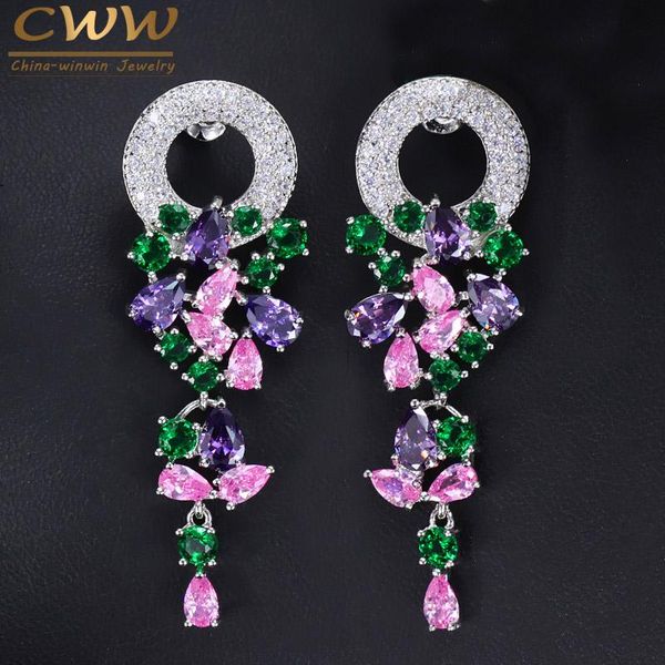 

cwwzircons fashion laides costume jewelry silver color beautiful long dangle drop multicolored cz earrings for women cz096