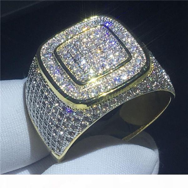 

handsome male hip hop ring pave setting 274pcs 5a cz yellow gold filled 925 silver wedding band ring for men party jewelry, Slivery;golden