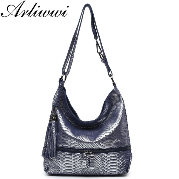 

arliwwi brand silver snake embossed genuine leather messenger bags for women fashion shiny cow suede handbags gl12