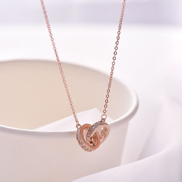 

rose gold double ring color gold clavicle necklace female niche simple temperament ins cold wind pendant gift simple trend 004, Silver