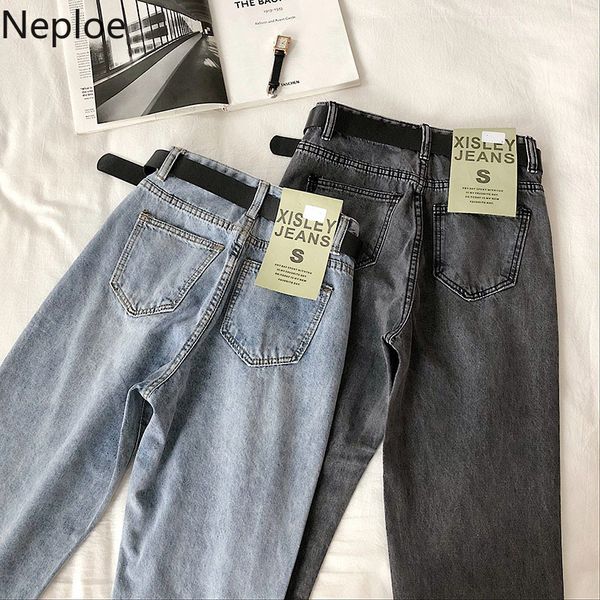 

neploe spring summer 2020 new fashion appliques denim pants high waist hip button design trouser straight burr pantalones 49467, Blue