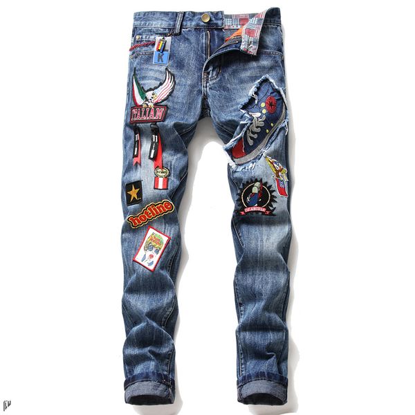 

classic hip-hop fashion men's torn biker jeans leather patchwork slim fit black joggers make old jeans pants for men, Blue