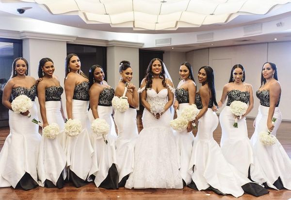 Siyah ve Beyaz Denizkızı Gelinlik Modelleri Sweep Onur Elbise Custom 115 Tren Dantel Garden Country Wedding Guest Parti Önlük Hizmetçi
