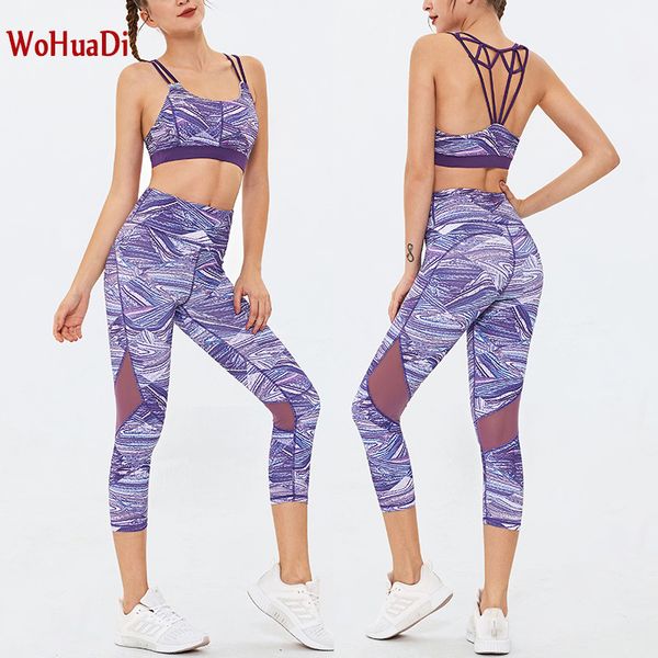 

2020 2pcs yoga set sportswear workout sets gym clothes women print fitness crop tank leggings running tracksuit dropshipping, White;red