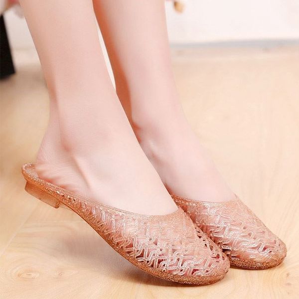 

summer women flat slippers jelly shoes female hollow sandals slip on ballet shoes soft light slides non-slip bathroom, Black
