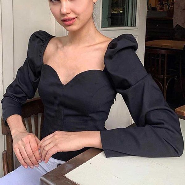 

blouse 2020 women square collar vintage solid puff sleeve long leeve shirt blouse new fahsion party fashion blusa #xt, White