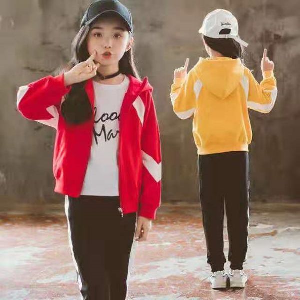 

iq5ze girls autumn fashion color matching set 2019 new medium and large children's casual sports two-piece suit girls western style coa