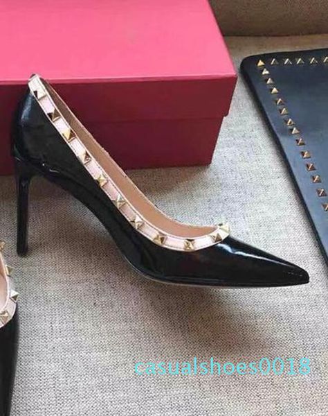 

3a designer womens high heel casual shoes party fashion rivets pointed shoes dance shoes wedding double straps sandal c18, Black