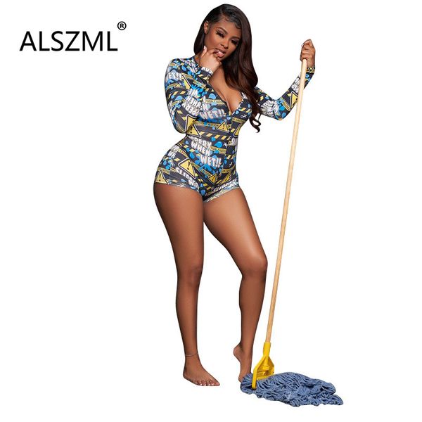

women's jumpsuits & rompers women fashion deep v neck long sleeve printed tight club party lady playsuits, Black;white