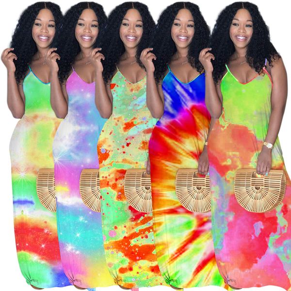 

women's fashion summer casual floral dye tie printed bohemian spaghetti strap floral long maxi dress with pockets, Black;gray