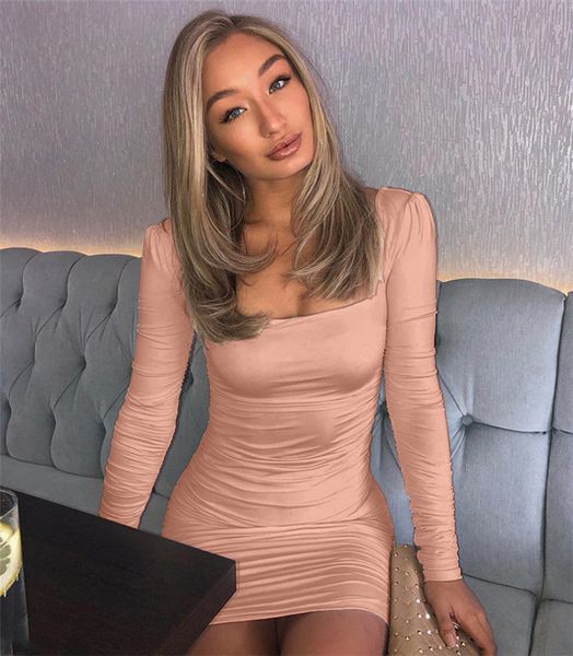 

womens square neck backless dress woman autumn long sleeve solid color pleasted slim dresses woman night club clothes, Black;gray