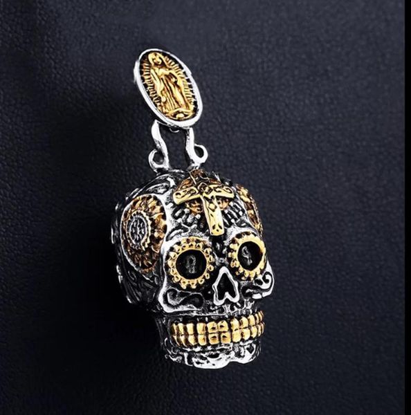 

stainless steel sugar virgin mary skull cross mexican gothic biker rocker pendant necklace charm men women fashion jewelry, Silver
