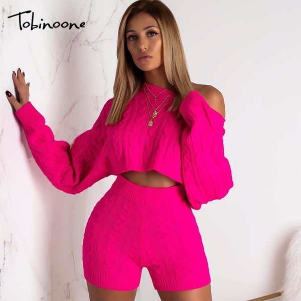 

tobinoone two piece set women set autumn winter outfits long sleeve knit sweater and shorts suit sweater, White