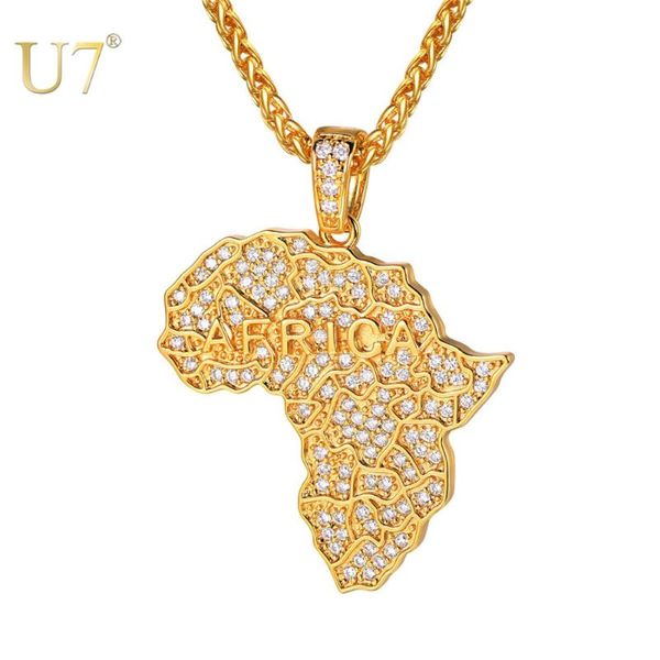 

u7 africa map pendants & necklaces for women/men iced out cz necklace chain 2020 hip hop map of african ethiopia jewelry p1210, Silver