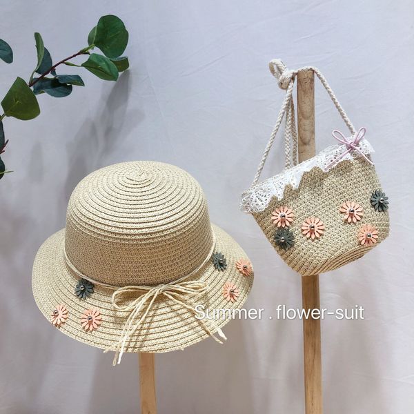 

children's straw flower hat 2020 summer new small flower straw knitted bag hat set t003, Blue;gray