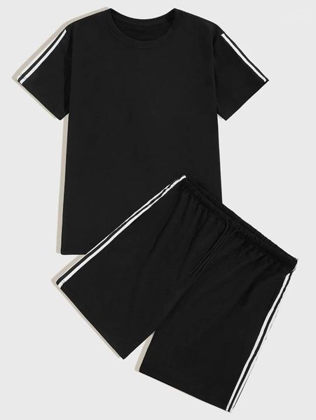 

short sleeve men sets casual fashion designer two piece sets solid color striped mens tracksuits summer o-neck, Gray