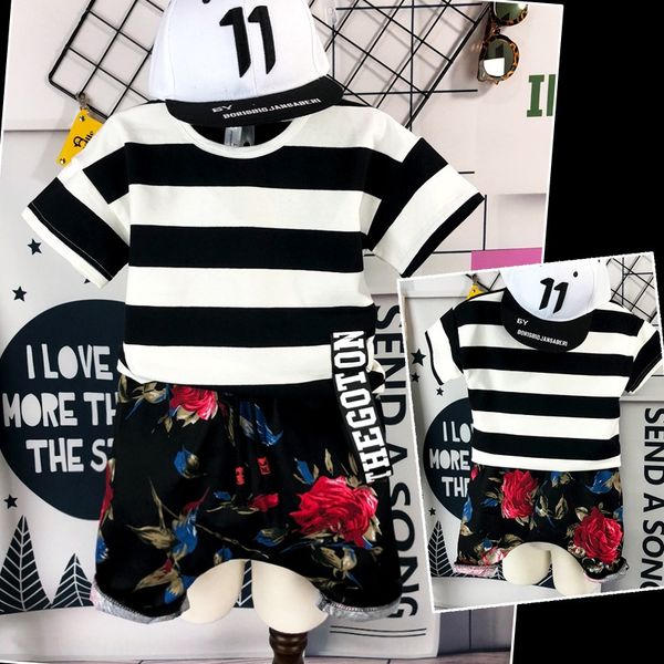 

ssbck 2019 детские с короткими рукавами футболки детские полосатый топ корейский костюм брюки набор стиль 5 детская одежда хлопка базы рубаш