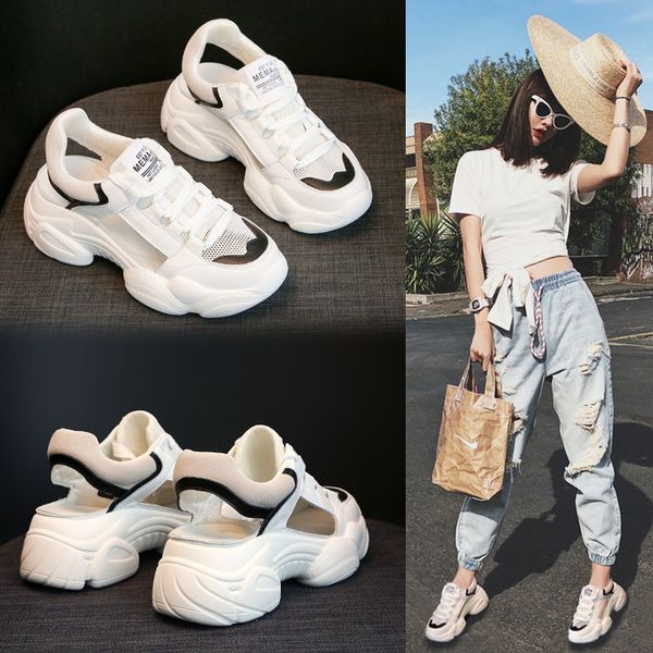 

2020 popular platform sandals woman breathable casual summer shoes women thick sole sandal lace-up hollow-out grey black pink