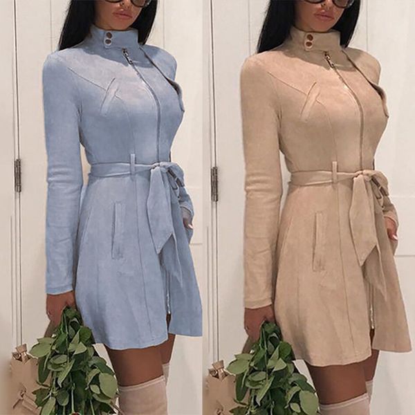 

new 2019 fashion office lady autumn winter dress solid stand collar long sleeve women dress plus size casual vestidos with belt, Black;gray