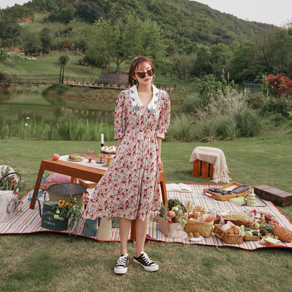 

multicolor daisy flower print casual chiffon collar dress women 2020 summer vintage korean ladies holiday dresses, White