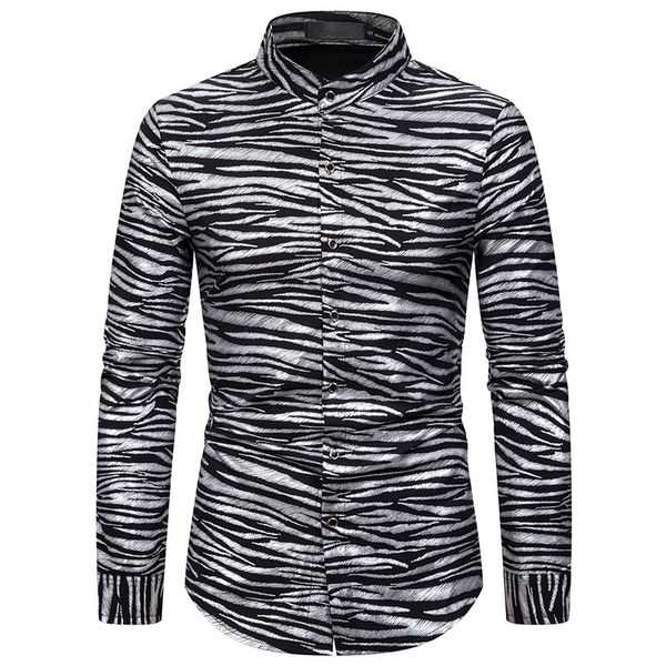 

zebra stripes print long sleeve cool shirts male 2020 new streetwear dress shirt men camisa masculina plus size, White;black