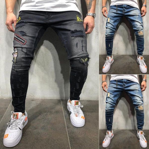 

men's jeans 2021 fashion biker hole men ripped skinny destroyed frayed slim fit long denim pants plus size s-3xl, Blue