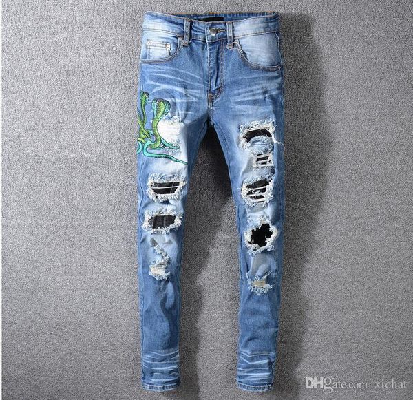

mens ripped snake embroidery skinny jeans fashion designer distressed slim fit motorcycle biker hole beggar hip hop denim pants 560, Blue