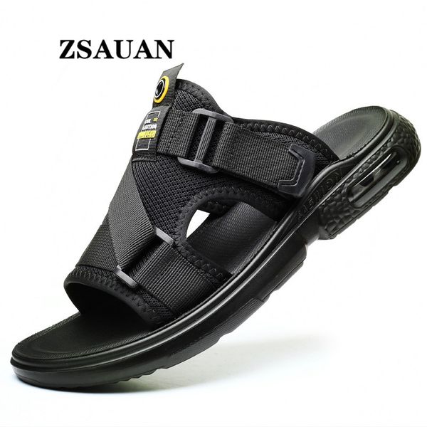 

zsauan tide webbing bandage casual men slippers black mesh trendy young men's cushion sandals summer beach slipper thicken heel