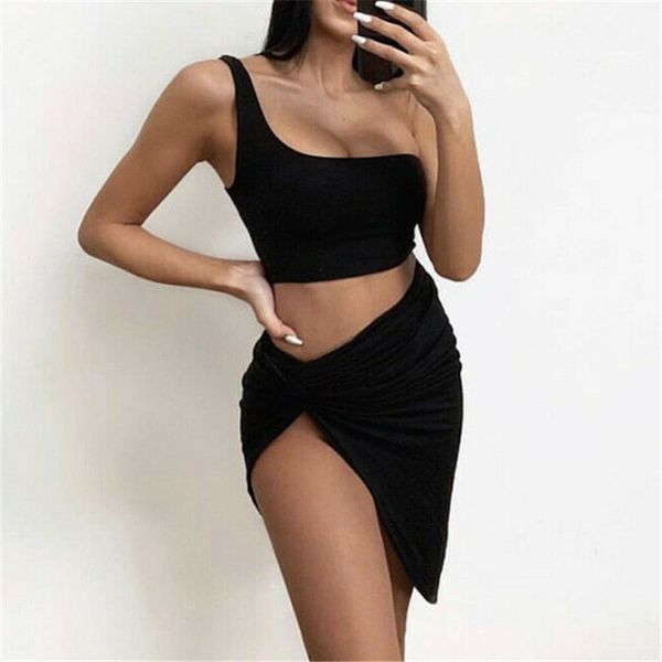 

2019 one shoulder two piece set solid bandage bodycon 2 piece set women sleeveless crop and skirt summer set, Gray