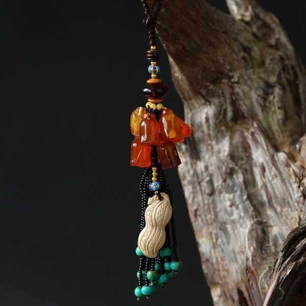 

natural chalcedony tassel key chain key chain agate agate bag hanging antique national style waist accessories gourd hyacinth, Silver