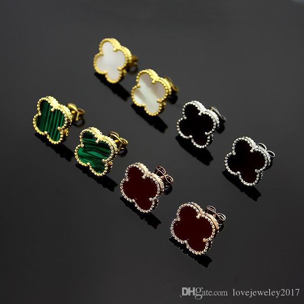 

luxury designer jewelry women shell clover stud earrings silver rose gold 18k gold 1.2cm black white red four leaf flower stud, Golden;silver