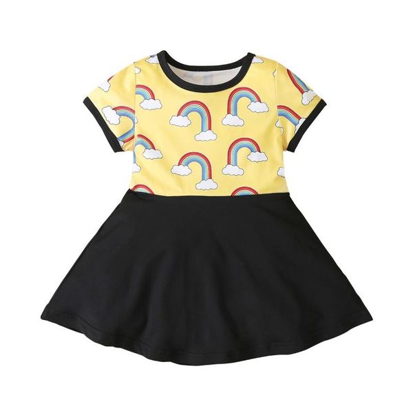 

2020 summer princess clothes infant baby girls mini dress rainbow pattern short sleeve a line dress cotton clothing, Red;yellow