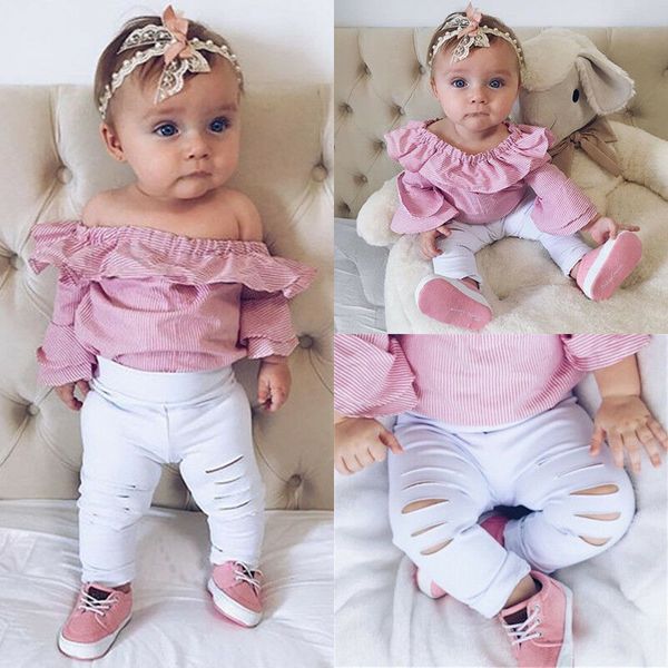 

newborn infant kid baby girl romper+ripped pants outfit clothes set baby girl ruffles sleeves striped fashion sunsuits, White