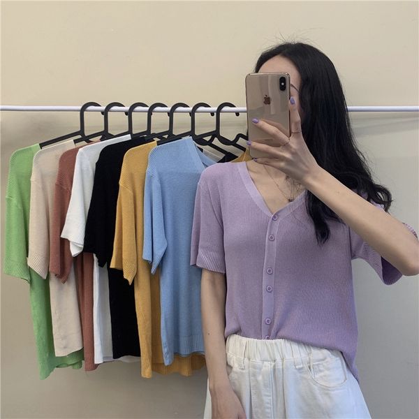 

qlclz 2020 korean style simple v-neck slimming single-breasted short sleeve women's clothing 2020 korean style simple v-neck slimming k, White;black