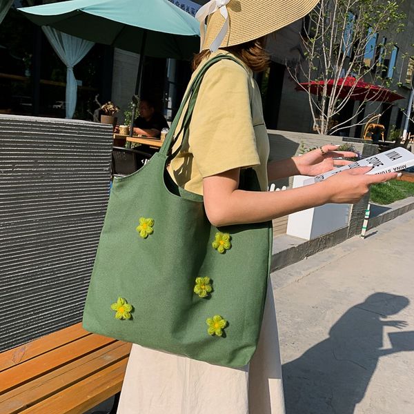 

women's hand canvas 2019 new shoulder women's flower tote creative shopping bag daisy canvas bag, White