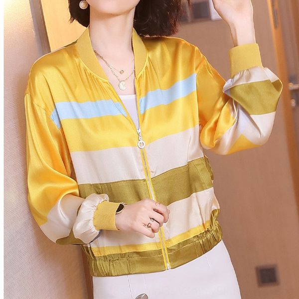 

silk baseball suit women's wear season new fashion thin loose striped long sleeve cardigan baseball suit short coat short coat top, Black;brown
