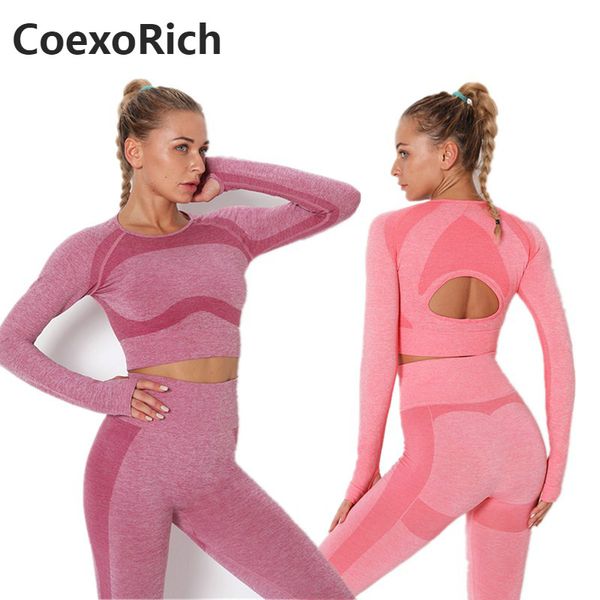 

yoga set women sport suit gym clothes 2 piece seamless fitness long sleeve crop high waist workout leggings sportswear, White;red